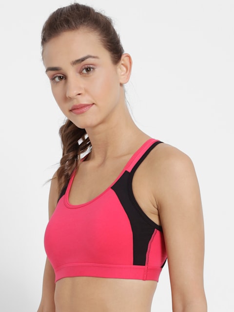 Women's Wirefree Padded Super Combed Cotton Elastane Stretch Full Coverage  Racer Back Active Bra with Stay Fresh and Moisture Move Treatment - Steel